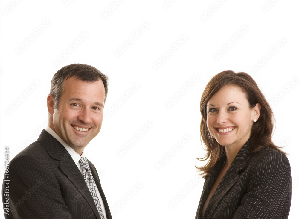 Standing side by side, the business man and woman convey a strong sense of professionalism and balanced partnership with copy space white background. Standing side by side, the business man and woman convey a strong sense of professionalism and balanced partnership with copy space white background.