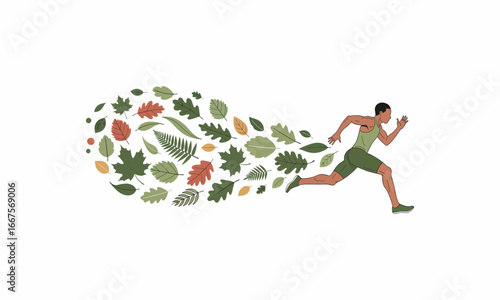 Eco-conscious botanical vector of Olympic sprinter running, trail of green leaves behind, flat earthy tones, white background.