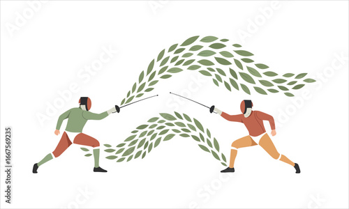 Eco-conscious botanical vector of fencing athletes dueling with leaf-shaped motion trails, flat earthy tones, white background.