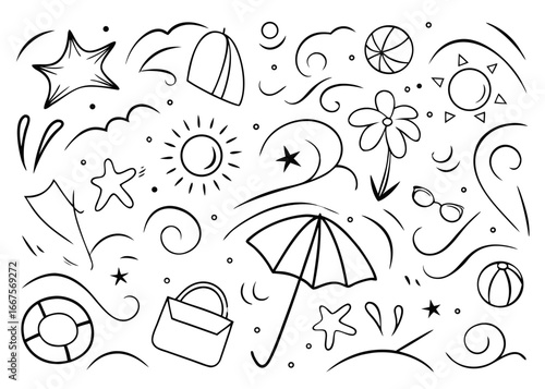 Charming hand drawn summer vacation travel elements collection featuring seaside adventures and tropical getaways