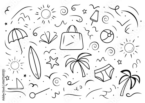 Charming hand drawn summer travel vacation elements featuring coastal beach scenes and tropical getaway icons for design projects