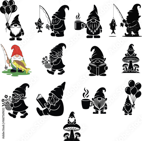 Gnome characters with balloons fishing reading and drinking