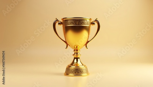 3D render of a shiny golden trophy cup placed on a clean studio background, symbolizing success and achievement.