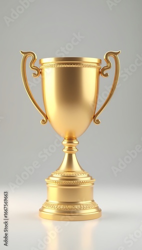 3D render of a shiny golden trophy cup placed on a clean studio background, symbolizing success and achievement.