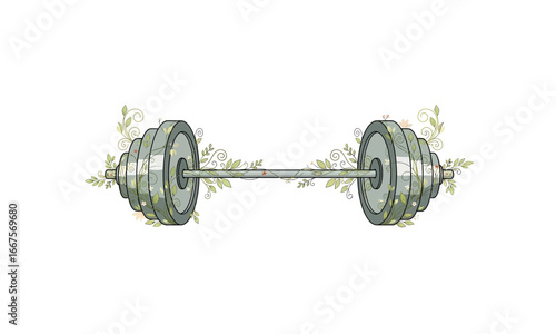 Botanical flat vector of barbell equipment decorated with leafy motifs, eco-friendly design, on white background.