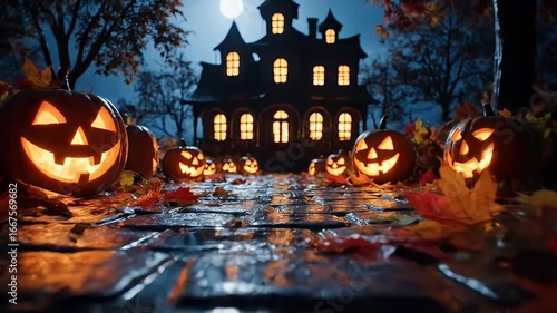 Halloween scene with illuminated pumpkins leading to a stylized mansion