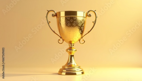 3D render of a shiny golden trophy cup placed on a clean studio background, symbolizing success and achievement.