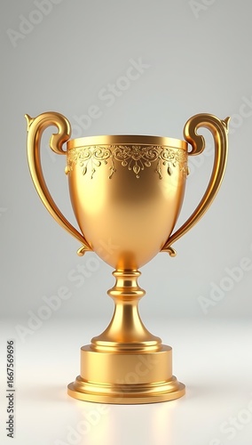 3D render of a shiny golden trophy cup placed on a clean studio background, symbolizing success and achievement.