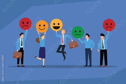 A group of businesspeople holding up different emoji icons, symbolizing customer satisfaction, feedback, and user reviews 2d flat vector illustration