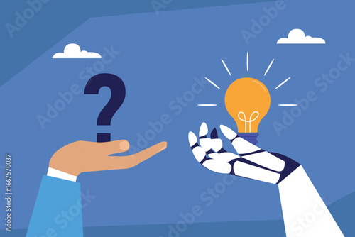 A human hand holding a question mark while a robot hand holds a glowing light bulb, symbolizing AI providing solutions and answers to human problems 2d flat vector illustration