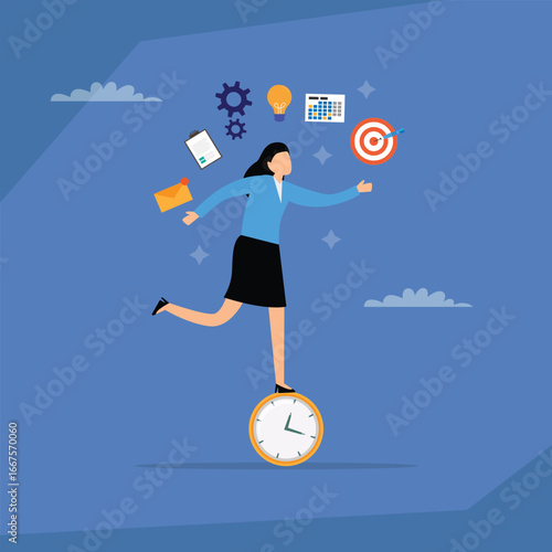 A businesswoman balancing on a clock, surrounded by business icons, symbolizing time management, productivity, and achieving goals under time pressure 2d flat vector illustration