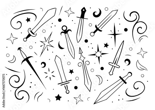 A diverse collection of distinctive sword silhouettes showcasing various blade styles and hilt designs for graphic projects