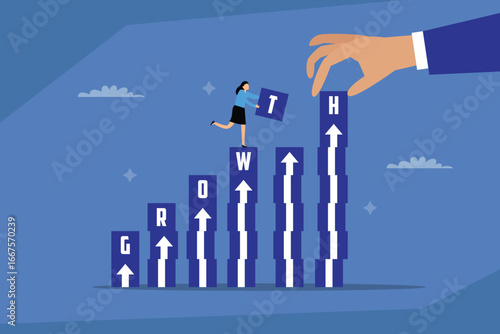 A giant hand building a staircase of GROWTH blocks while a businesswoman carries a block to the top 2d flat vector illustration