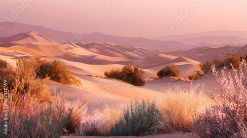 Sunlit Desert Landscape with Sand Dunes and Wildflowers - Scenic Nature Wallpaper Background