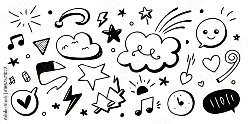 A diverse assortment of whimsical hand drawn artistic sketchy elements perfect for creative projects and visual storytelling applications