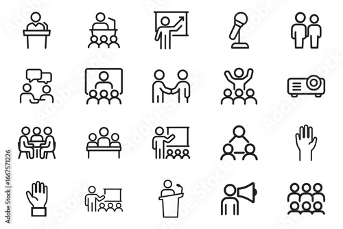Conference Vector line art Icon Set. mic, discussion, seminar, networking, success, speaker, podium, audience, chart, presentation, projector, meeting. Vector illustration