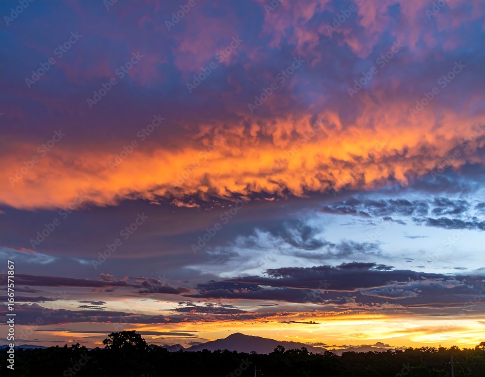 Fototapeta premium Fiery Sunset Cloudscape Over Distant Hills