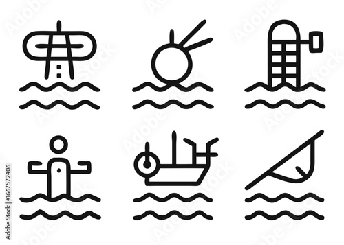Collection of aquatic pastimes and recreational pursuits graphics representing water sports and leisure activities