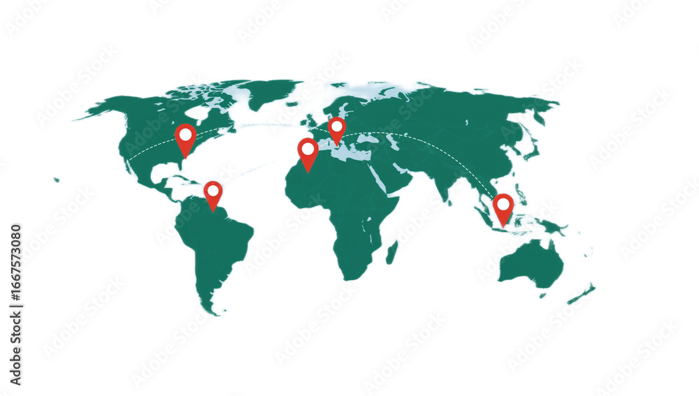 Obraz premium World map with multiple red location markers highlighting various global regions.