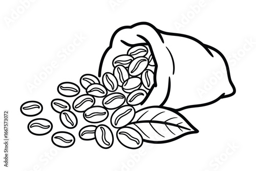Hand drawn coffee beans spilling from a sacks with a leaf