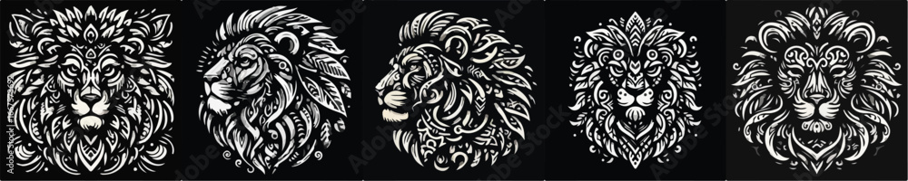 Fototapeta premium A lion drawn in a tribal style, full of curved lines, geometric patterns, and sharp ornamentation. Its symmetrical shape conveys a sense of strength and authority.