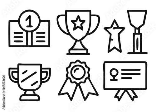 Business achievement icon set featuring a leader and award symbol for success and recognition in a doodle style