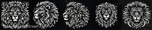 A lion drawn in a tribal style, full of curved lines, geometric patterns, and sharp ornamentation. Its symmetrical shape conveys a sense of strength and authority.