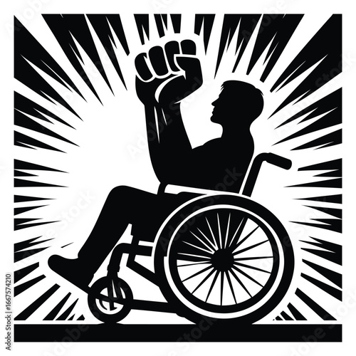 Empowered person in wheelchair with raised fist symbolizing strength resilience and victory against adversity 