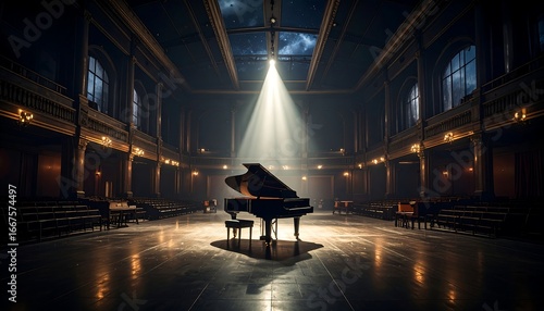 Grand Piano Illuminated in Concert Hall
