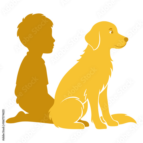 Loyal golden retriever sits patiently beside a young boy in a warm, friendly silhouette