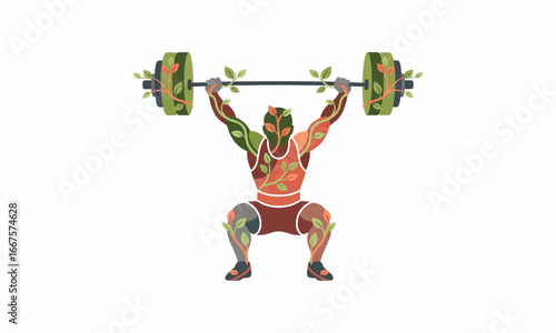 Eco-conscious botanical vector of Olympic weightlifter lifting barbell with vine-shaped accents, flat earthy tones, white background.212fdf.eps