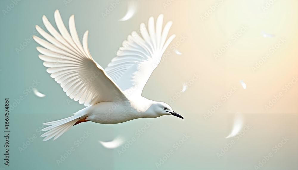 Fototapeta premium Elegant white bird flying gracefully in a soft pastel sky