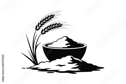 Wheat stalks and a bowl of flour illustration