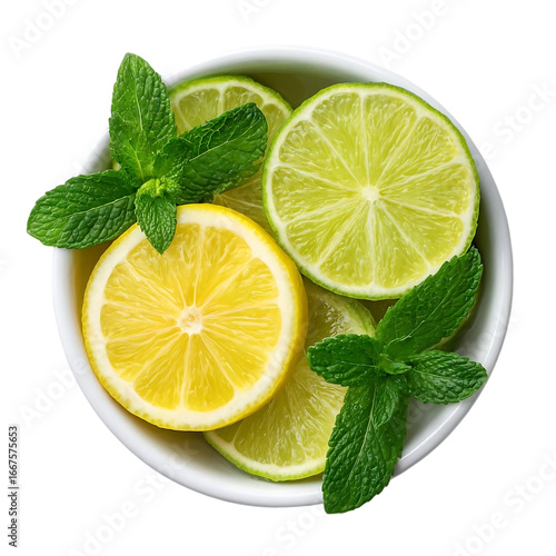 Fresh lemon lime and mint slices in bowl top view for healthy lifestyle concept