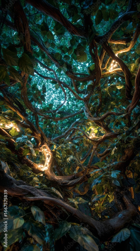 Fototapeta premium Intricate tree branches intertwined with glowing lights.