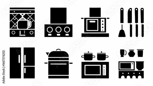 Collection of kitchen appliances and utensils including a refrigerator stove microwave and cooking tools shown silhouette
