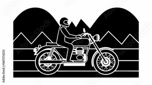 A motorcyclist with helmet riding a bike in front of mountains and horizontal lines in black and white silhouette