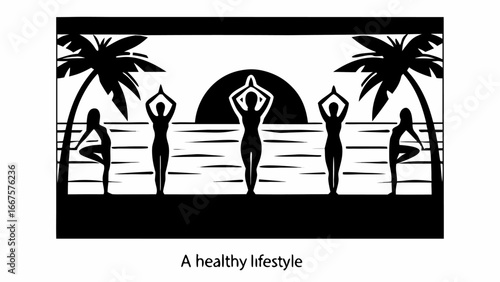 Silhouette of women practicing yoga poses on a beach with palm trees and a sunset in black and white style