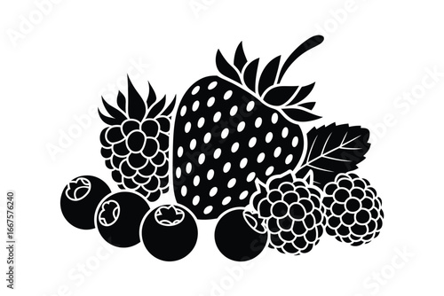 Stylized black and white illustration of mixed berries