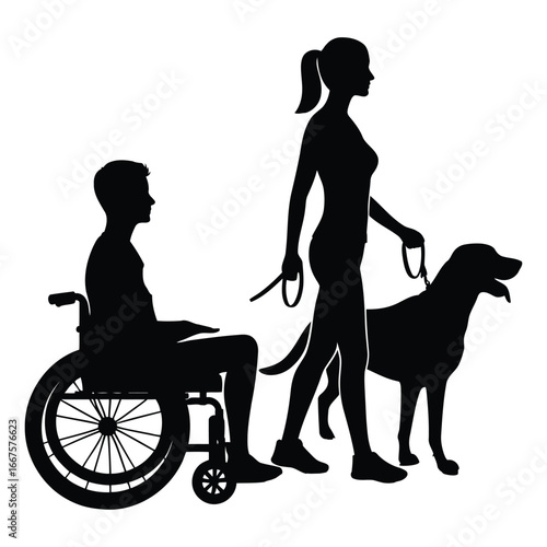 Silhouette of person in wheelchair with assistance dog and handler symbolizing inclusivity and support