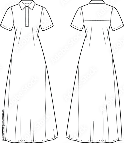 Elegant technical fashion vector illustration of floor‑length flared dress with collared short‑sleeve bodice, button placket, yoke detail, front back views