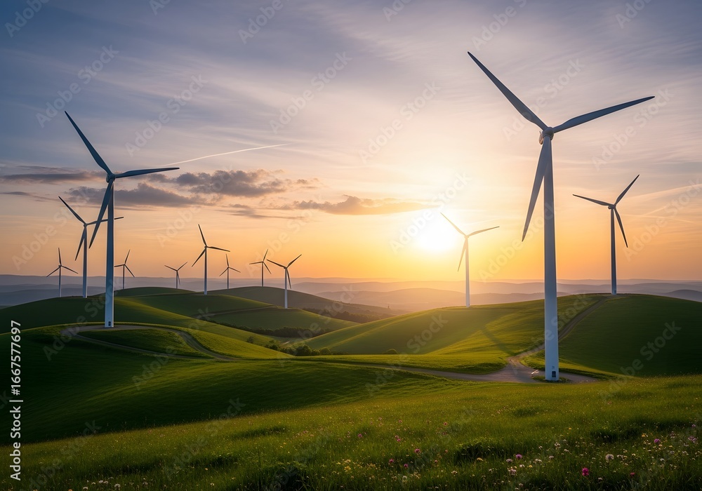 Obraz premium Cinematic shot of wind turbines on green hills at sunset, natural futuristic feel.