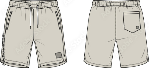 Men’s casual shorts technical sketch, front and back view, drawstring waist, zip pocket, curved hem, cad drawing flat vector illustration
