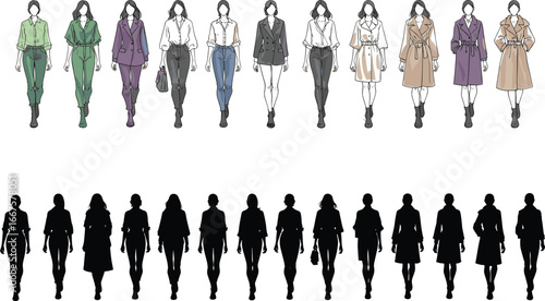 Female fashion illustration set, outfit style and silhouette comparison, trendy clothing design, garment structure, hairstyle, pose, vector template for designers