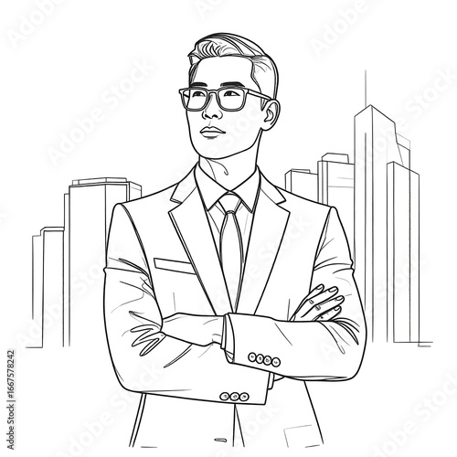 Businessman Contemplating Cityscape, Line Art