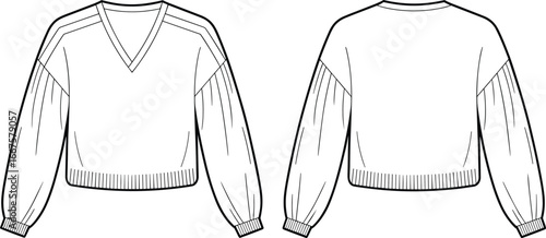 Long sleeve women's top vector illustration, V‑neckline, dropped shoulders, gathered cuffs, ribbed hem, voluminous sleeves, technical flat garment fashion design
