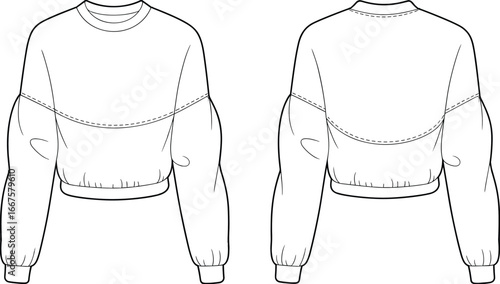 Technical fashion flat sketch of a cropped sweatshirt with crew neck, dropped shoulders, curved seam, voluminous sleeves, and ribbed cuffs