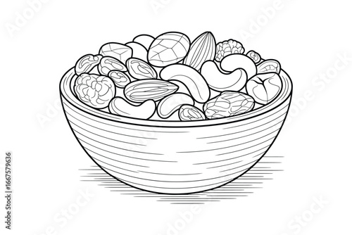 Hand drawn sketch of a bowl overflowing with mixed nuts