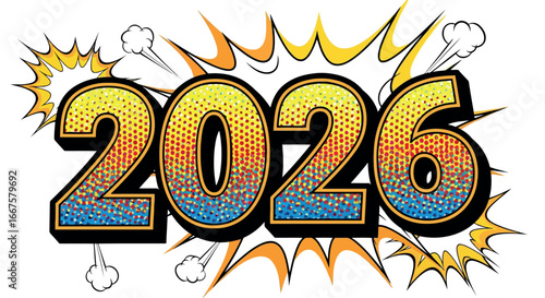 Bold comic style 2026 text