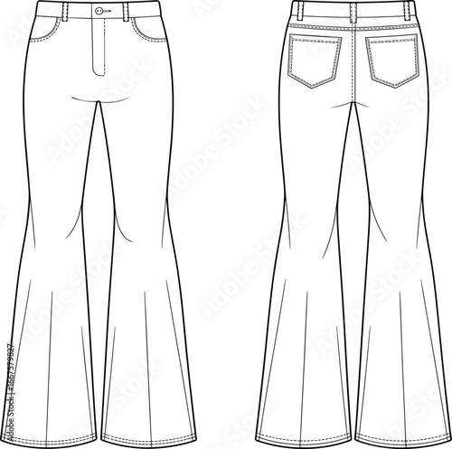 Technical fashion flat sketch of flared pants with waistband, belt loops, front and back pockets, topstitching and fitted thigh flare design